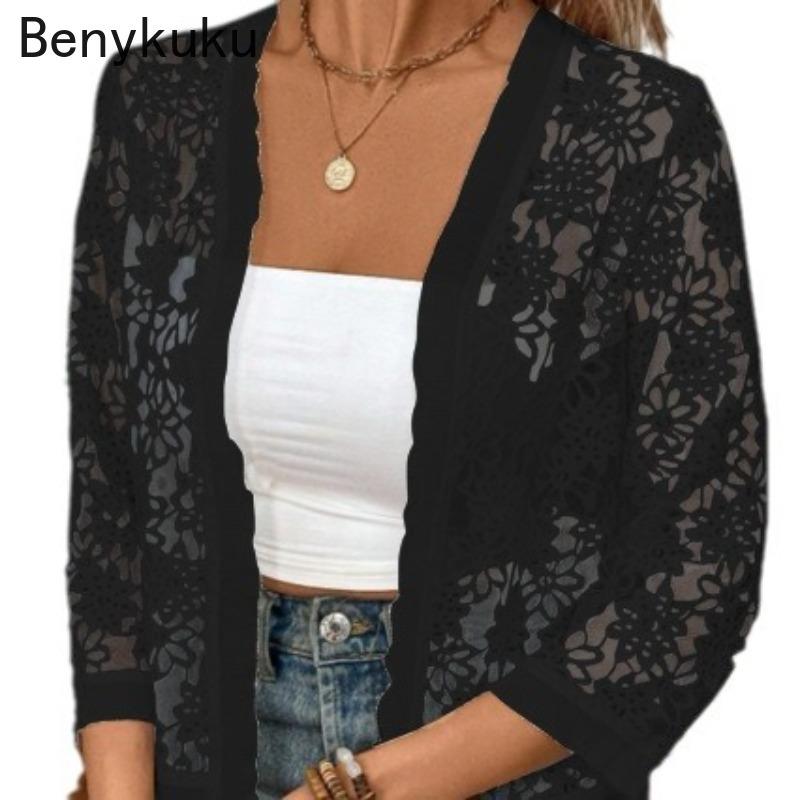Women Fashion Bolero Coat 3/4 Sleeve Floral Lace Hollow Out Cardigan Summer Clothes Elegant Top Open Stitch White Shrug Jacket