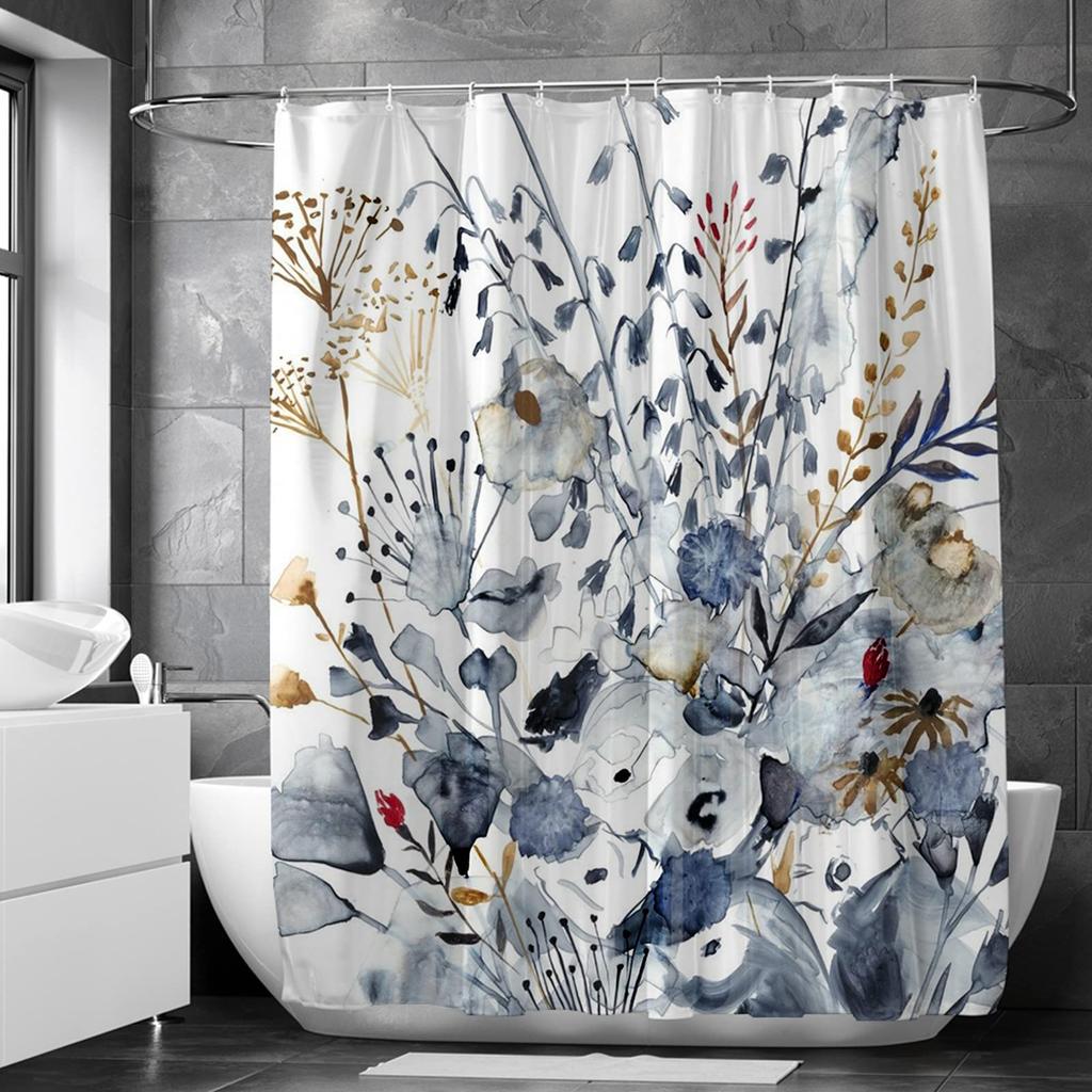 Blue Floral Shower Curtain Watercolor Flower Bath Curtain Polyester Fabric Waterproof Bathroom Curtains with Hooks Bath Screen