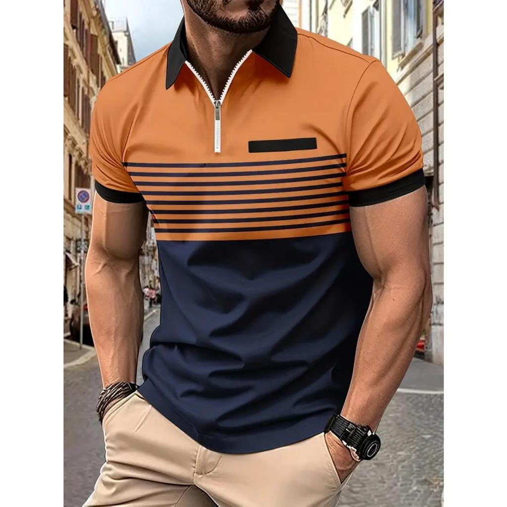 New Striped Printed Short Sleeve Top Men's Casual Lapel Zip Polo Shirt Polo