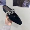 Super easy to wear 2025 summer new square head versatile shiny word with a pedal silver inner height increase half slippers single shoes
