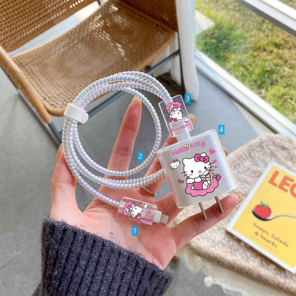 Apple Data Cable Protection Kit: 20W Charging Head, Transparent Cartoon Design, 4-Piece Set
