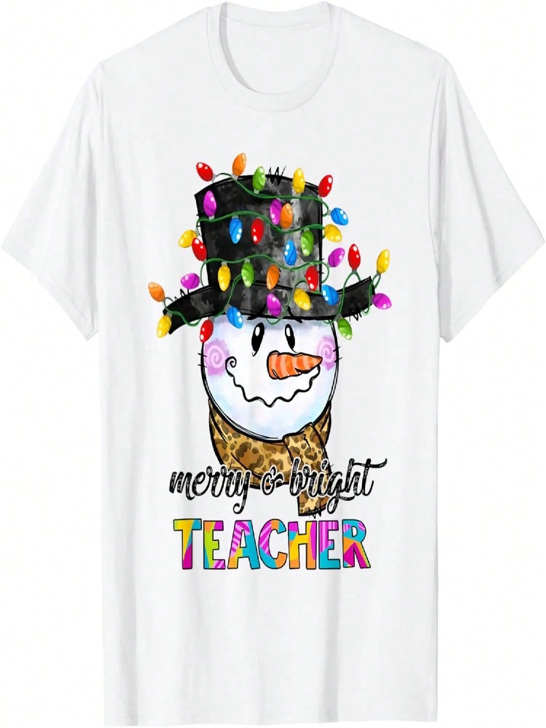 Merry And Bright Teacher Snowman Christmas Light Funny T-Shirt S