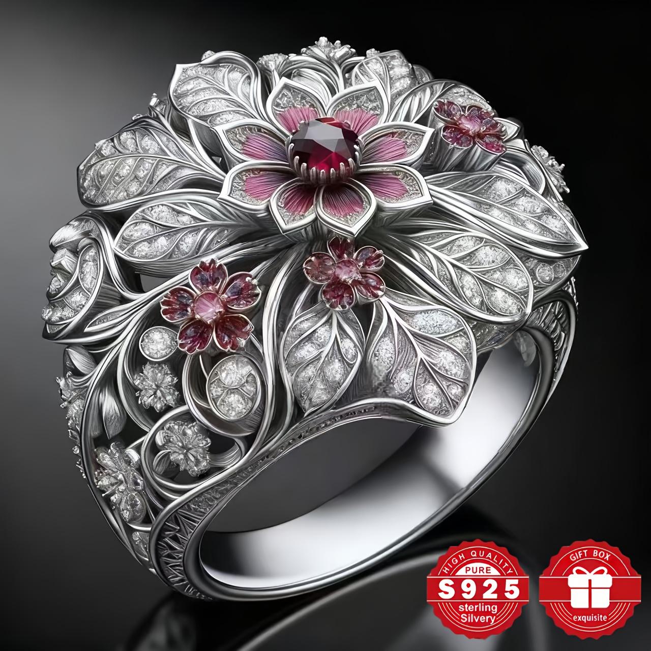 sterling silver fashion rose design ring with zircon and synthetic red crystal, handcrafted ring design 6