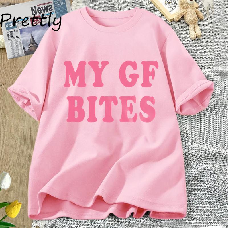

My Gf Bites Tops Funny Male Girlfriend T-shirt Couple Cotton Short Sleeves Tees Fashion Summer O Neck T Shirt Man Clothing S розовый