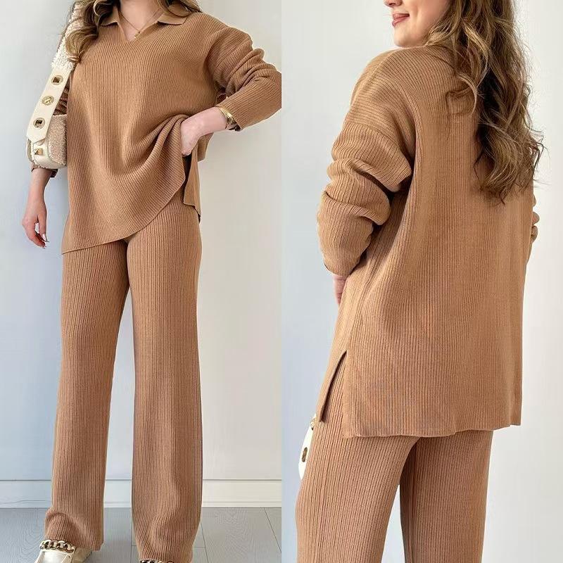 Autumn and Winter Fashion Solid Color Loose Hem Split Knitted Sweater Two-piece Set Women