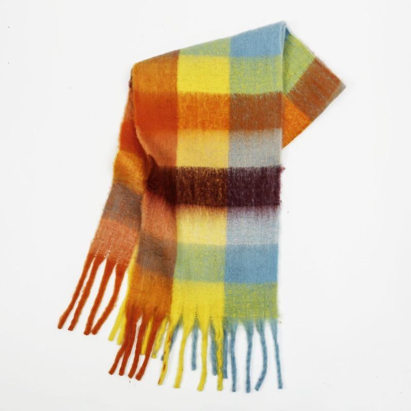 High-end color matching mohair scarf women's autumn and winter warmth thickened versatile plaid tassel