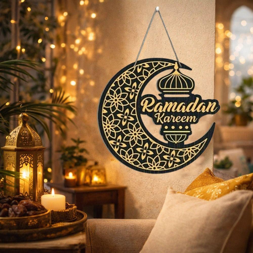 Round Plaque Eid Mubarak Wall Pendant Black Gold Wooden Moon Star Pendant Ramadan Gift  Living Room
