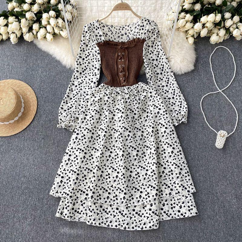 

French Minority Lace-up Contrast Color Long Sleeves Autumn Fake Two-Piece Black on white All yards