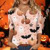 Women's Halloween Printed V-Neck Short Sleeve Tunic with Button and 3/4 Sleeves for Casual Fall Wear