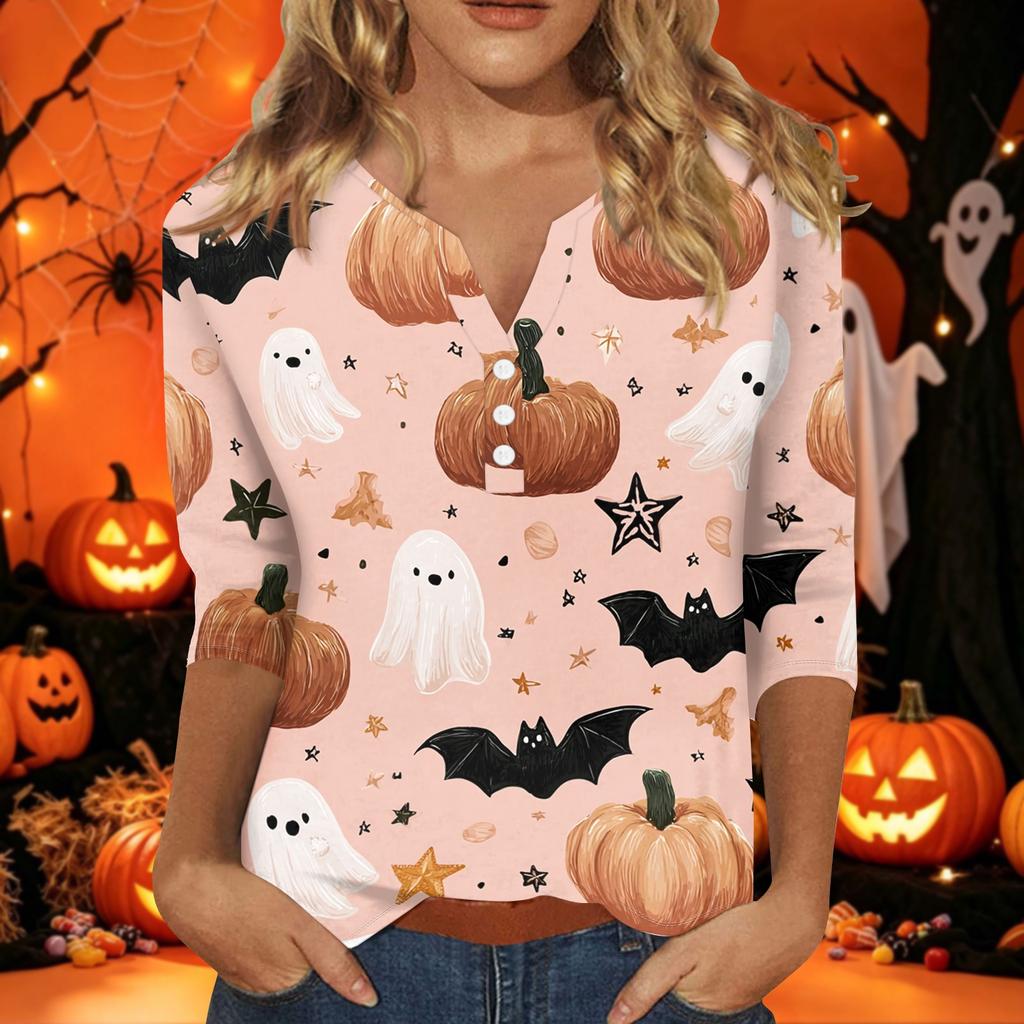 Women's Halloween Printed V-Neck Short Sleeve Tunic with Button and 3/4 Sleeves for Casual Fall Wear