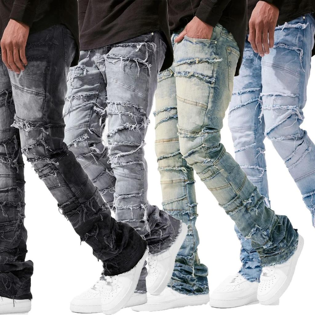 DRIPX New Stacked Jeans Men Patchworks Spliced Denim Ripped Wash Frayed Pants Male's Streetwear Men‘s Tassel Motorcycle Jeans