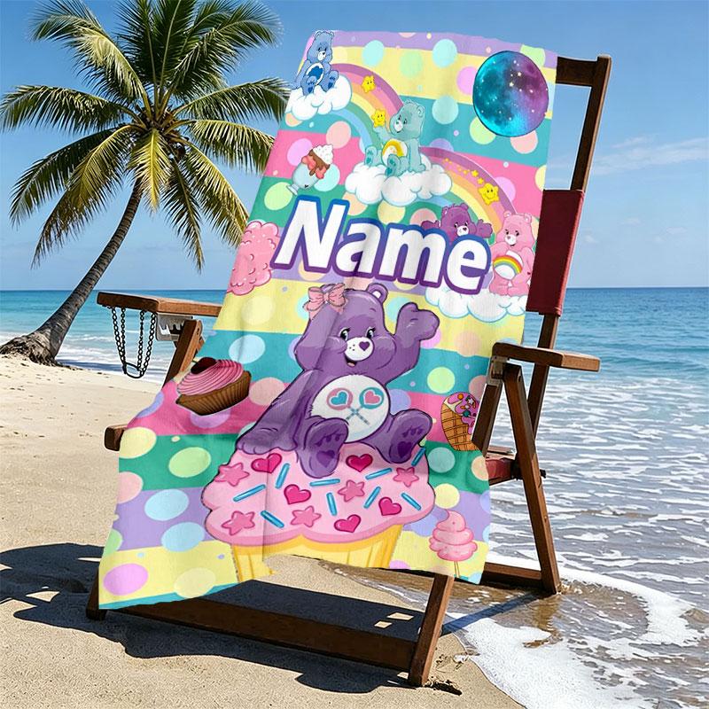 Custom Name Personalized Care Bears Print Beach Towel, for Trip Camping Beach Party Home Decor, Birthday Gift for Family & Friends