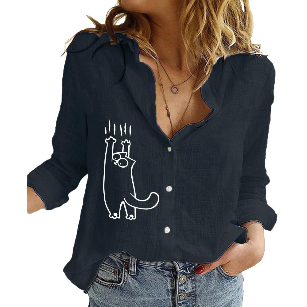 Camisa abotonada de moda con cuello de solapa para mujer, blusa fina de lino y algodón para primavera y verano, blusas casuales con estampado de gato