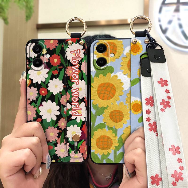 Durable Back Cover Phone Case For Samsung Galaxy A07 Flower Silicone Anti-knock Wrist Strap Shockproof Lanyard Anti-dust