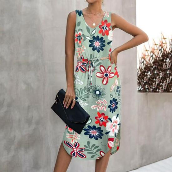 

Леди летнее платье с тонкой талией и разрезом на талии с цветочным принтом без рукавов с V-образным вырезом и жилетом Сарафан S светло-зеленый