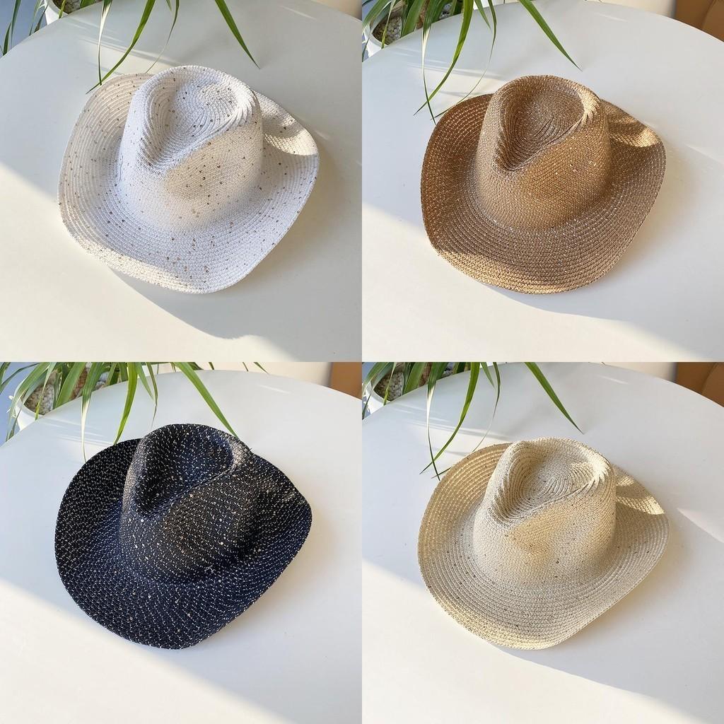 Summer New Straw Jazz Hat Women Men Sunshade Cowboy Hat Sequins Beach Hat