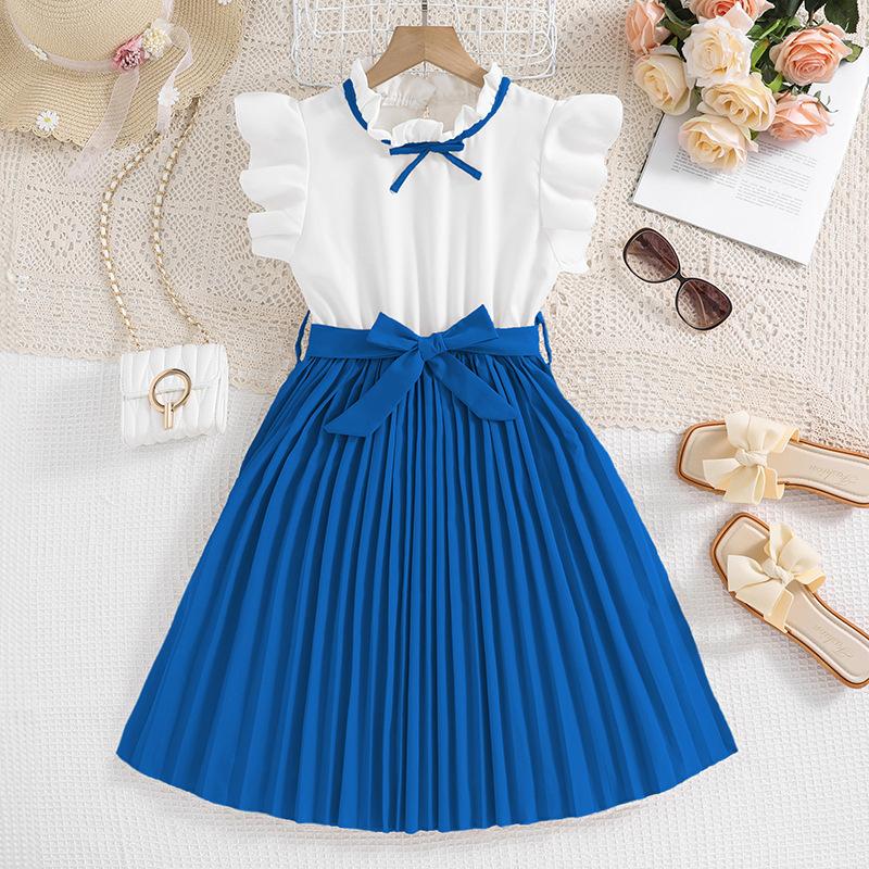 Girls' Dress Children's Clothing Summer Style Flying Sleeves Color Blocked Pleated Children's Princess Dresses