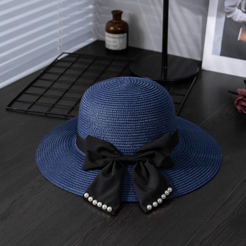 

Женская летняя соломенная шляпа от солнца с волнистыми полями, бантом-бабочкой и искусственным жемчугом, пляжная шляпа, шляпа для путешествий и отпуска ONE SIZE темно-синий