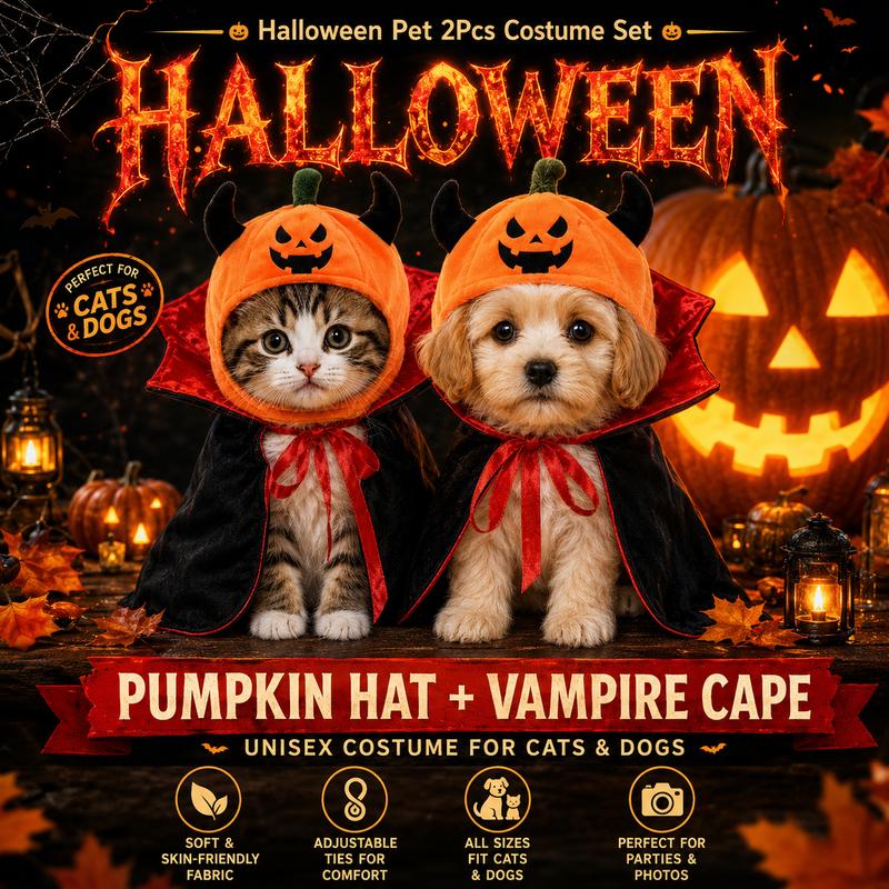 Halloween Pet Costume Pumpkin Hat Vampire Cape Set for Cats Dogs Funny Cosplay Party Dress Up Outfit