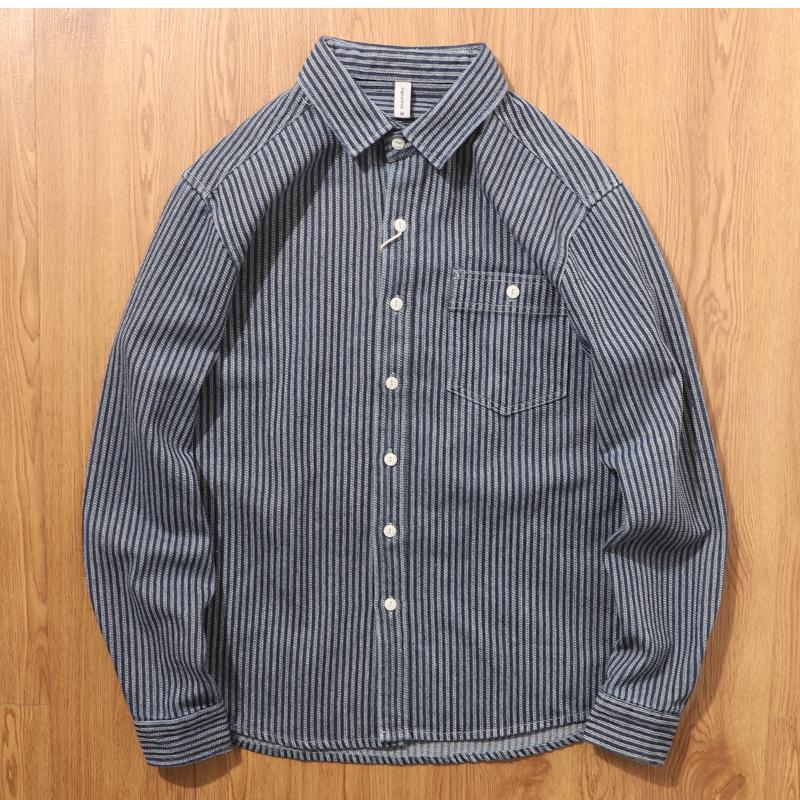Men's American Retro Stripe Denim Shirt - Trendy Long Sleeve Jacket for Spring & Autumn
