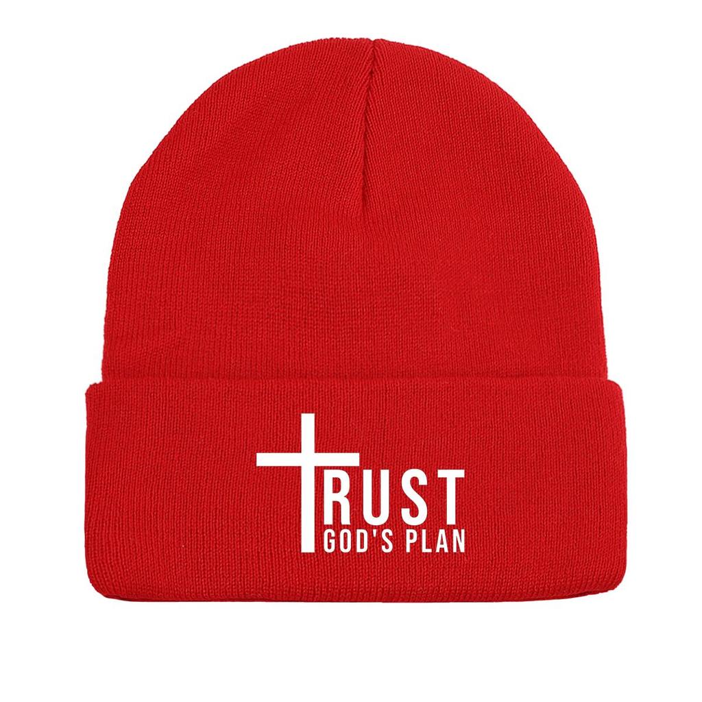 TRUST GOD'S PLAN" Winter Knit Hat Beanie, Crucifix Skullies Beanies Windproof Cozy Unisex Pompom Beanies Knitted Cap Beanie