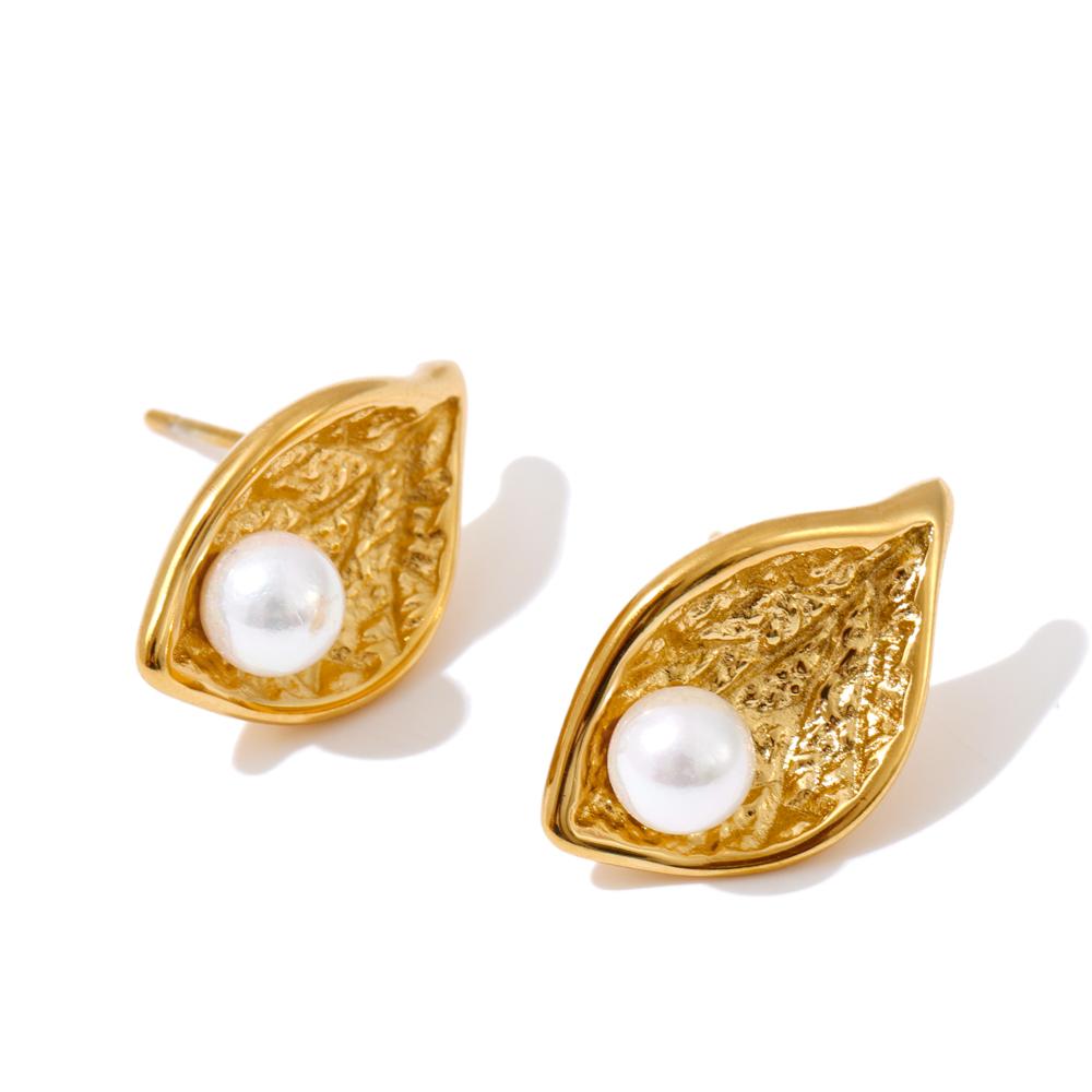 

Eetit New Stainless Steel Simulated Pearls Leaf Stud Earrings 18K Golden Plated Chic Daily Jewelry Hypoallergenic
