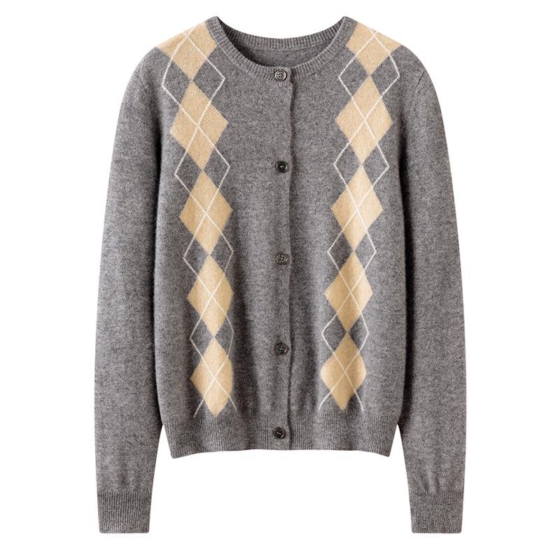 Women's Retro Diamond Pattern Cashmere Cardigan - Single-breasted, Round Neck, Warm Sweater for Autumn and Winter