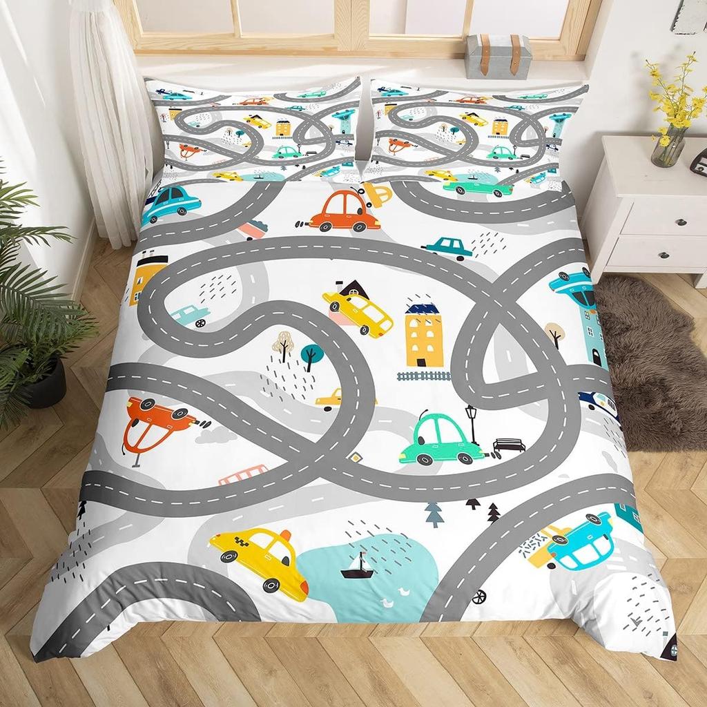 Cartoon Cars Duvet Cover Single Queen City Roads Bedding Set Hand Drawn Truck Bicycle Comforter Cover for Boys Teen Room Decor