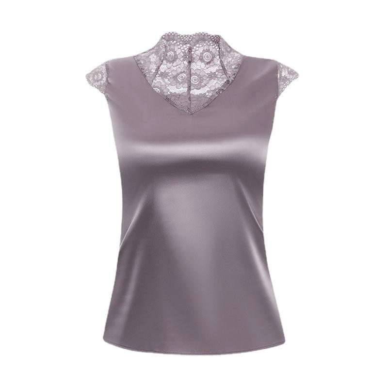 2023 Plus Size Lace High Collar Sleeveless Silk Satin Vest