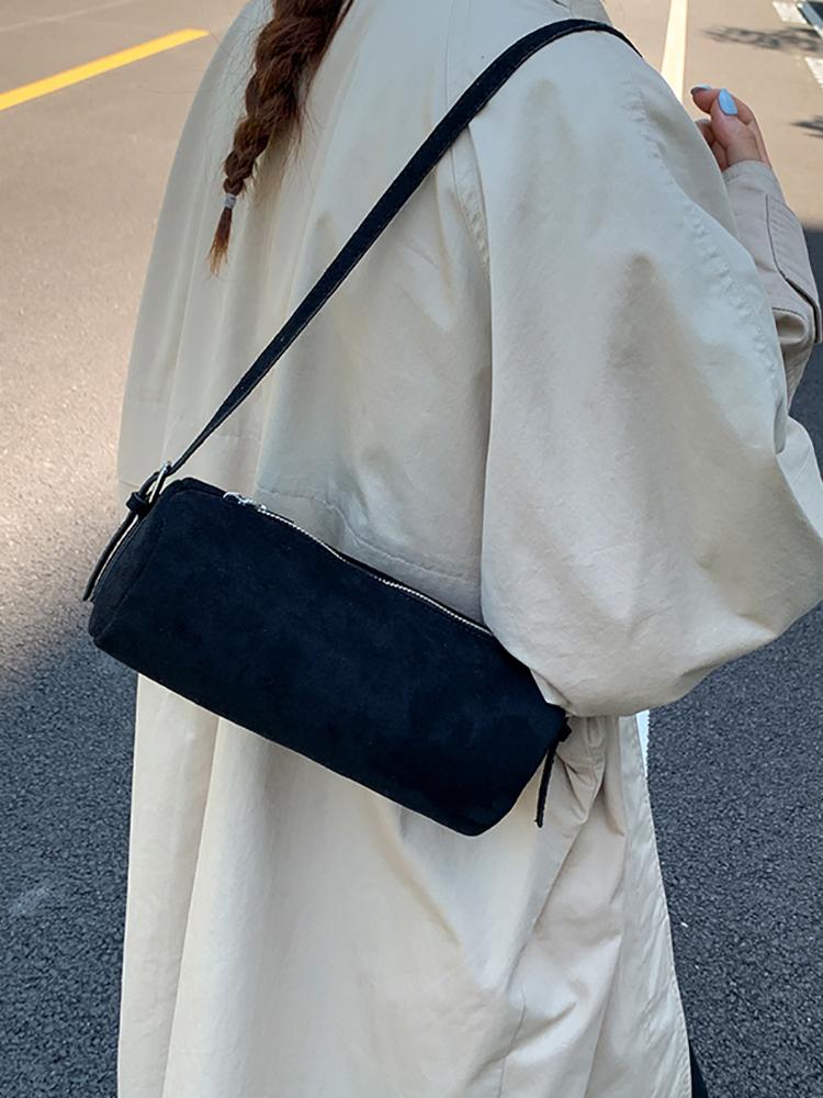 Solid Color Suede Frosted Cylindrical Bag Fashion Large Capacity Women Shoulder Bags Trendy Commuting Shopping Crossbody Pack