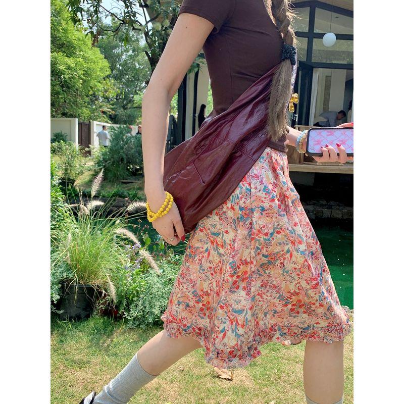 Kumikumi Gentle Floral Skirt A- Line Skirt Women's Autumn Drape Drawstring High Waist Swing Dress Midi Skirt