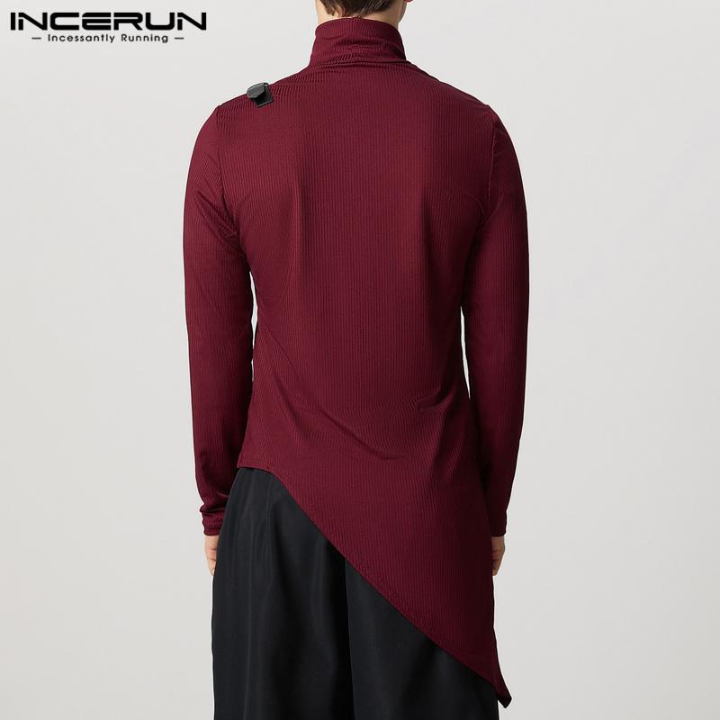 INCERUN Men Turtleneck Long Sleeve Patchwork Irregular Thin Rib Tops Undershirts