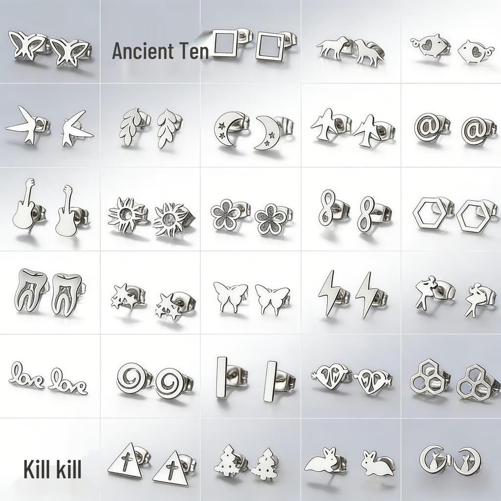Stainless Steel Bird & Star Earrings: Woodpecker & Moon Five-Pointed Design