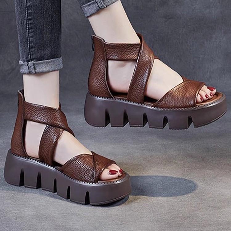 Cowhide Back Zip Wrap Heel Sandals Women Summer Thick Sole Sandals Comfortable Platform Wedges Casual Dressy Shoes Non Slip