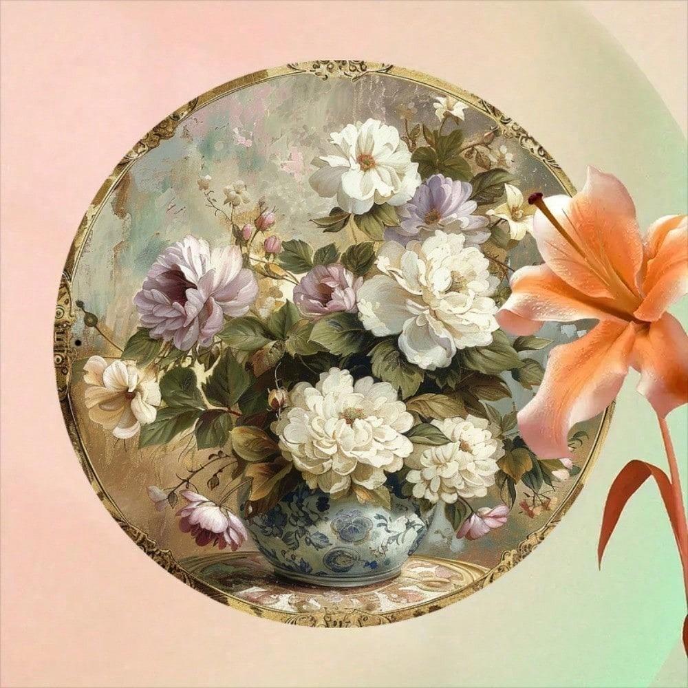 Metal Wall Art Round Floral Bouquet Rustic Home Decor Golden Aluminum Sign 7.87 Inch For Office Kitchen Garden