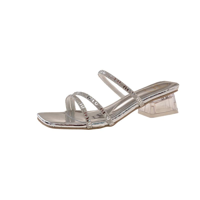 

French rhinestone sandals 2025 summer new open-toed thick heel outer wear temperament simple and versatile with skirt cool slippers 42