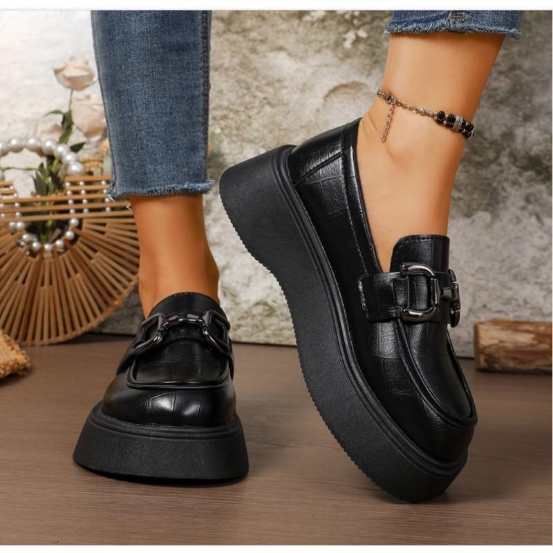 Mode Frühling Metallschnalle Plateau Slipper Damen Leder Slip On Flats Schuhe Frau College Stil Dicke Sohle JK Kleiderschuhe Crawler