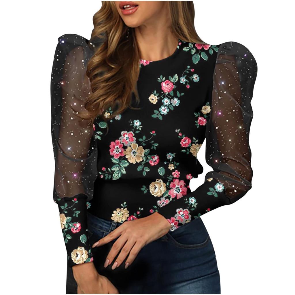 Women Puff Sleeve Tops Crewneck Sequin Casual Blouse Slim Comfy Bottomed Shirts Flexible Pullover
