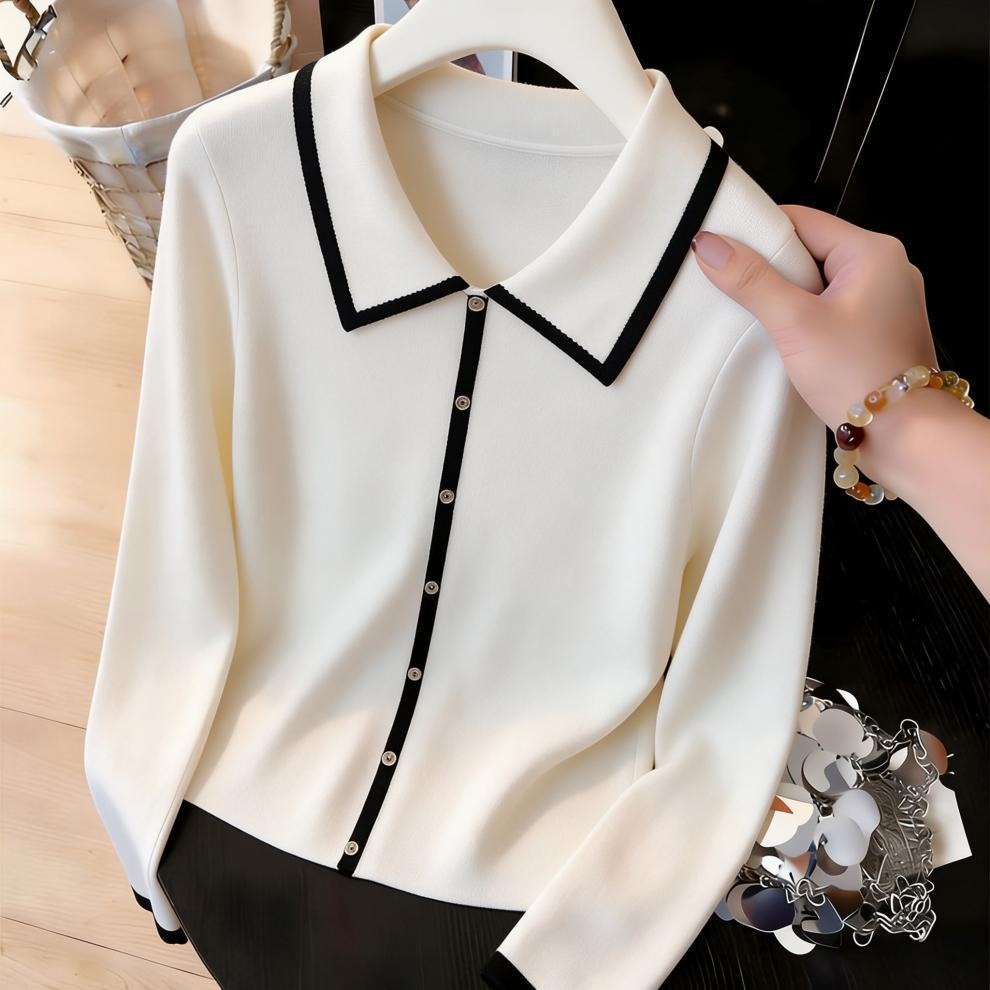 2026 Women's Color Block Long Sleeve Lapel Sweater - Fresh Spring/Autumn Knitwear