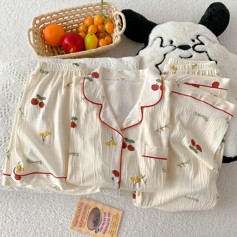 Sweet Cherry Pajamas Women'S Summer Short-Sleeved Cardigan Loungewear Three-Piece Set Can Be Worn Outside