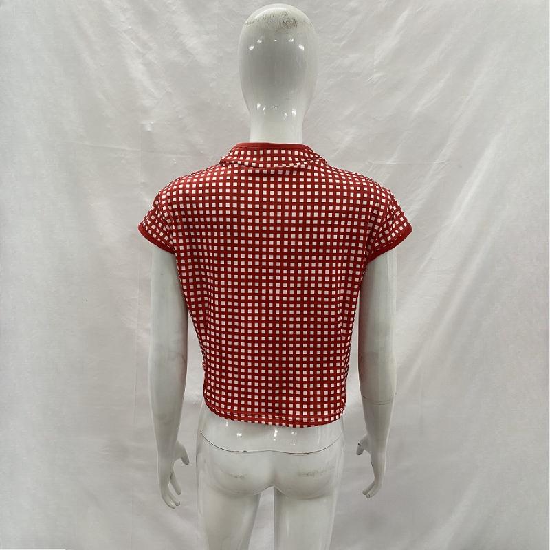 Retro Red Grid Small Fresh Women's Summer Stand Up Collar Buckle Short Sleeved Slim Fit T-shirt