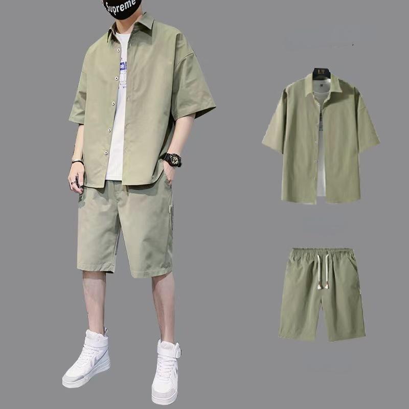 Pánská sada košil Letní jednobarevná košile s krátkým rukávem a plážové šortky Streetwear Sportovní 2dílná sada