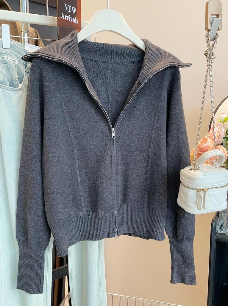 Elegant Korean Style Women's Long-Sleeve Lapel Cardigan Sweater