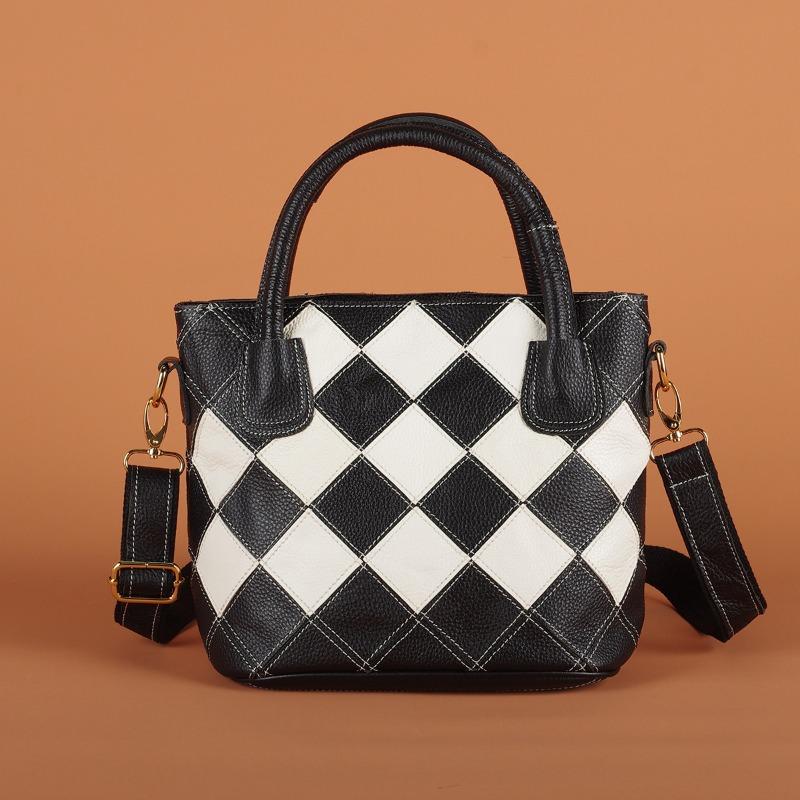 

Женская сумка в клетку, лоскутное шитье, цвет National Leisure, сумка из коровьей кожи, одно плечо, сумка через плечо чёрный/белый