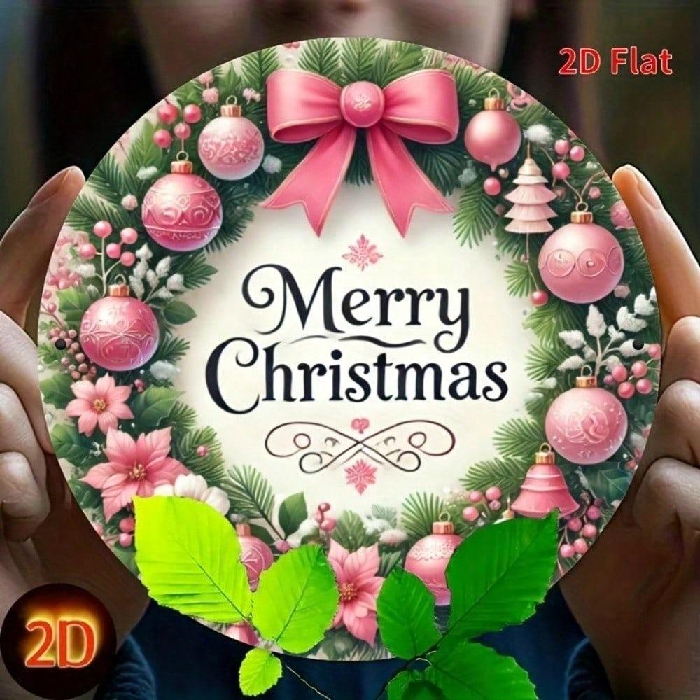 Vintage 8x8 Inch Christmas Wreath Tin Sign, Pink Retro Floral Metal Wall Art Decor for Home Bar Cafe