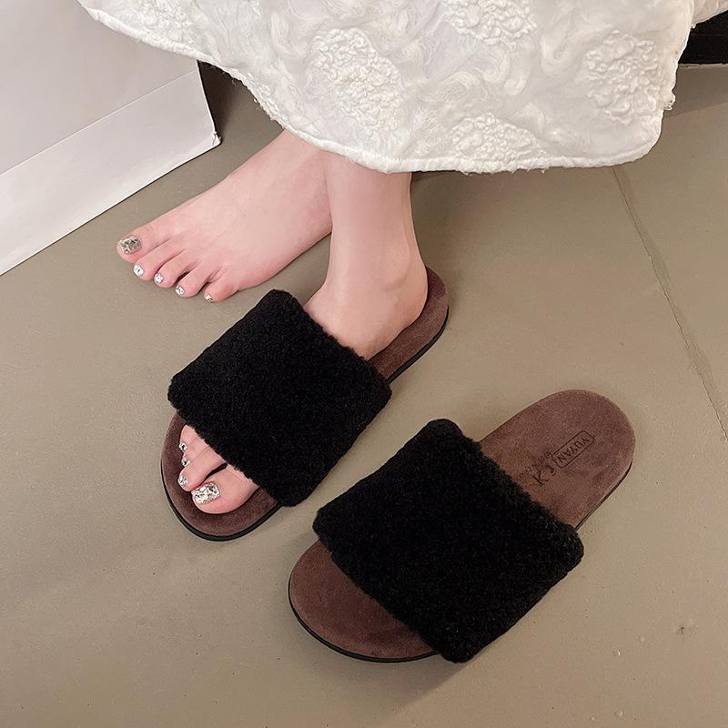 Simple casual daily one-word drag in autumn 2025 new outer wear thick-bottomed open-toed comfortable home fluffy slippers