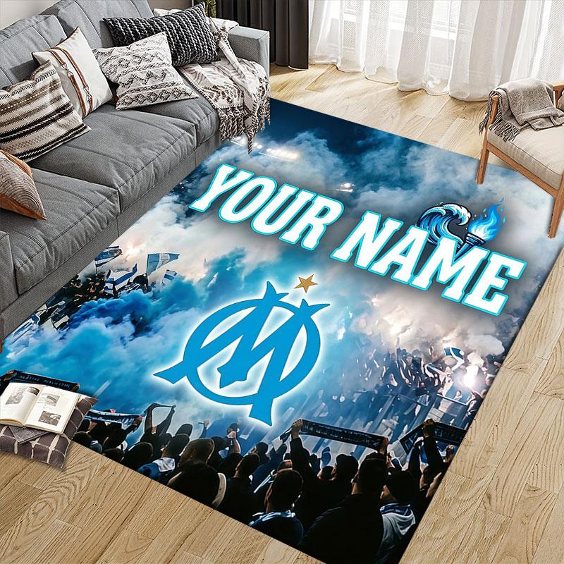 Custom Name,Olympique De Marseille Home Sofa Decoration for Living Room & Bedroom, Non‑Slip Play Flannel Floor Mat for Game Room