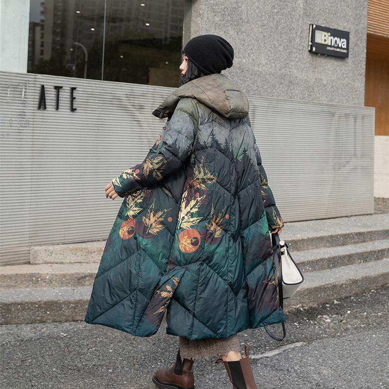Casaco longo de inverno feminino com estampa de pato branco para baixo feminino novo casaco com capuz