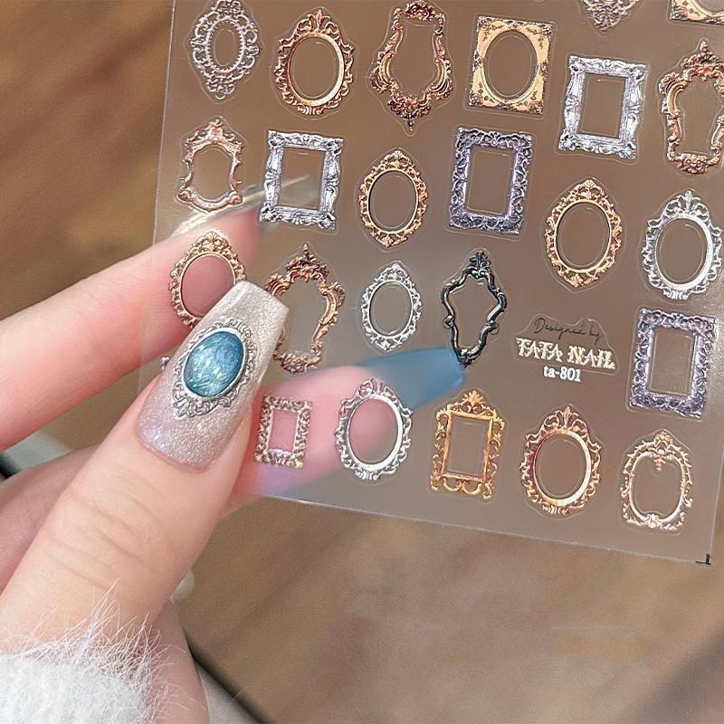 Vintage Photo Frame Border Boho 5D Soft Embossed Reliefs Self Adhesive Nail Art Decorations Stickers 3D Nail Decals