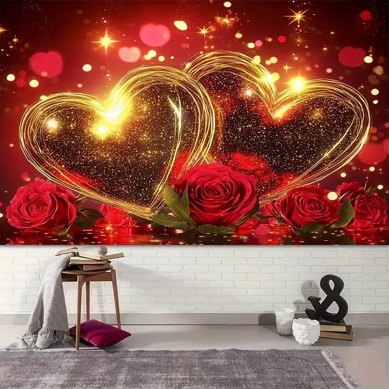 2D Anniversary Backdrop Red Rose and Golden Hearts Romantic Background